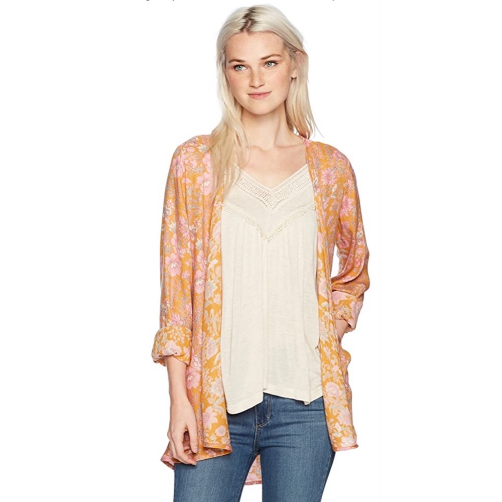 O'Neill Pink and Gold Floral Open-Front Kimono Cardigan